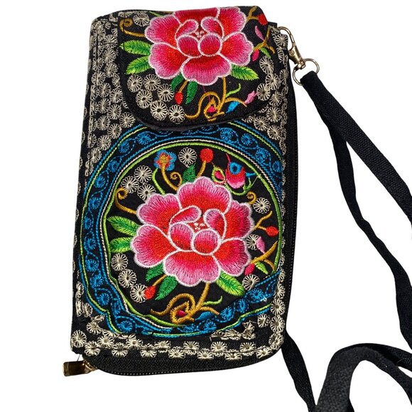 Embroidered Floral Crossbody Wallet With Strap boho festival hippie - Picture 1 of 8
